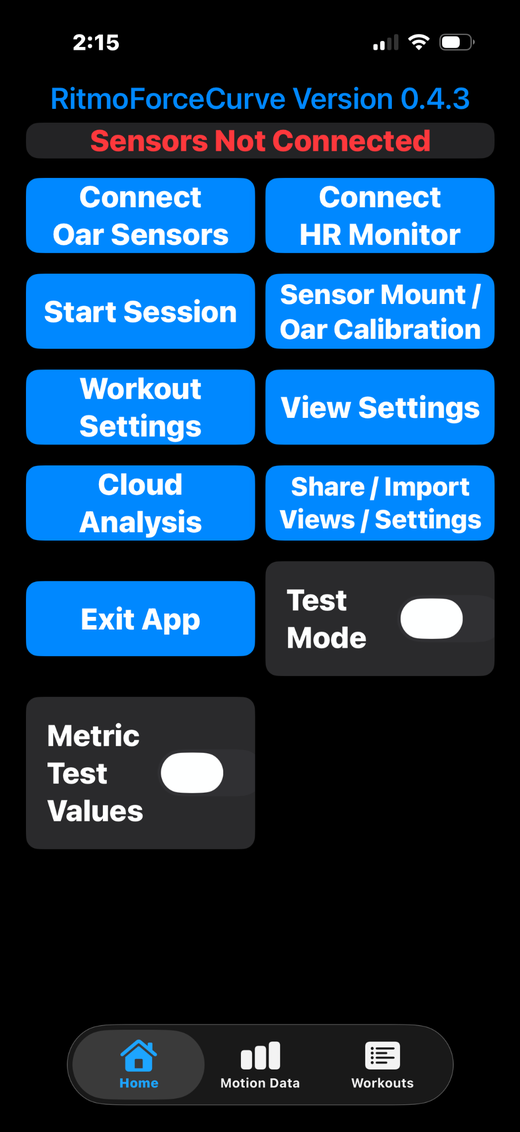 RitmoForceCurve Home screen showing Sensors Not Connected and the Connect Oar Sensors button