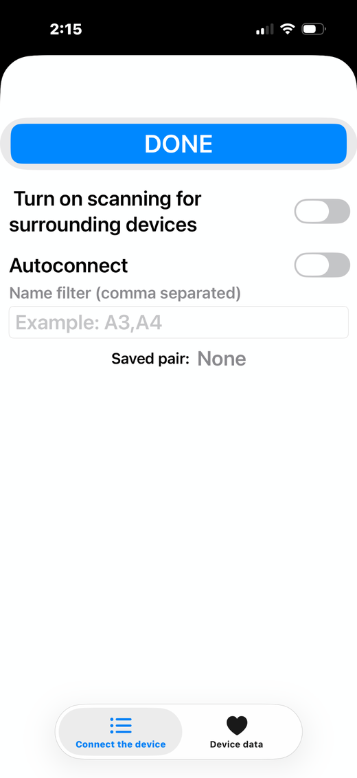 Bluetooth connection menu with scanning off and Autoconnect off