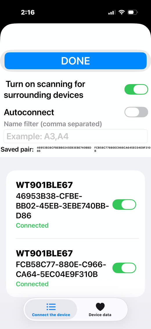 Bluetooth menu with scanning on and two WT901BLE67 sensors connected