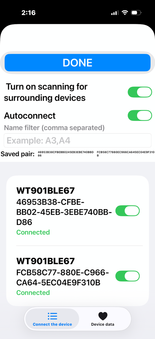 Bluetooth menu with scanning on, Autoconnect on, and both sensors connected