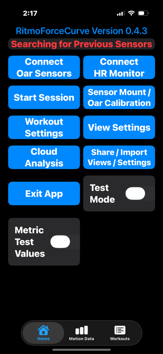 Home screen showing Searching for Previous Sensors