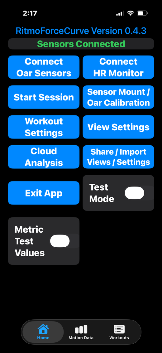 RitmoForceCurve Home screen showing Sensors Connected