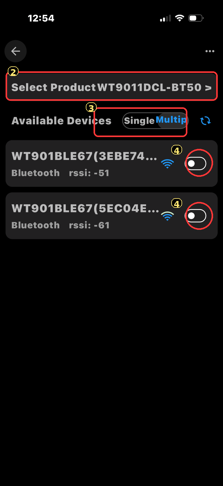 WitMotion Available Devices screen with product selector, Multip mode, and sensor switches off