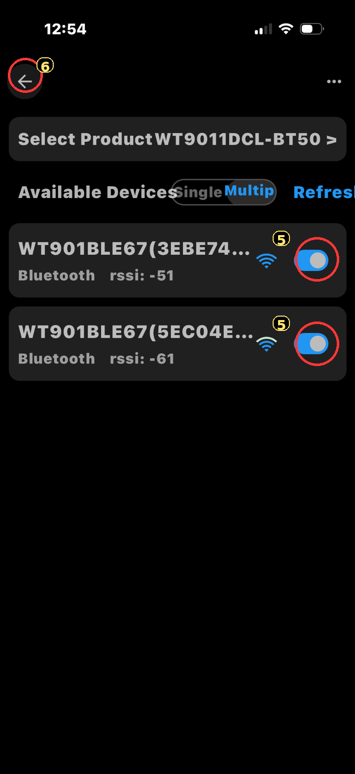 WitMotion Available Devices screen after both sensors are connected