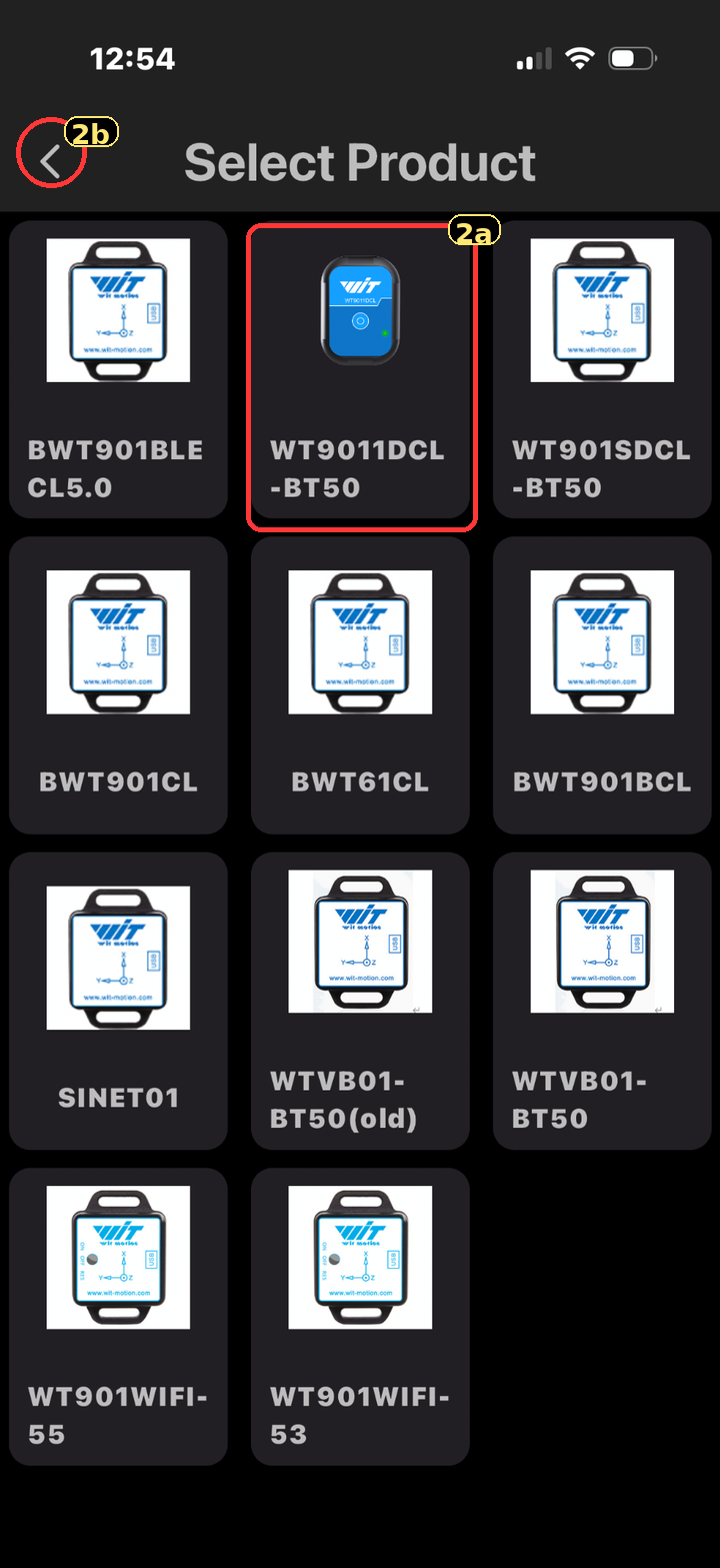 WitMotion Select Product screen with WT9011DCL-BT50 highlighted