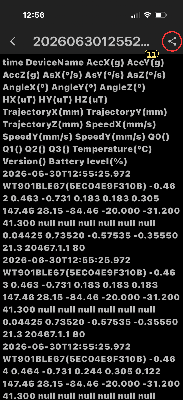 WitMotion text data file showing sensor columns and share icon